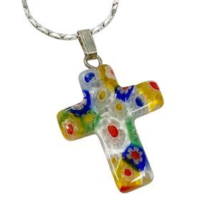 Vintage Murano Millefiori Art Glass Cross Pendant Necklace Multicolor Flowers B